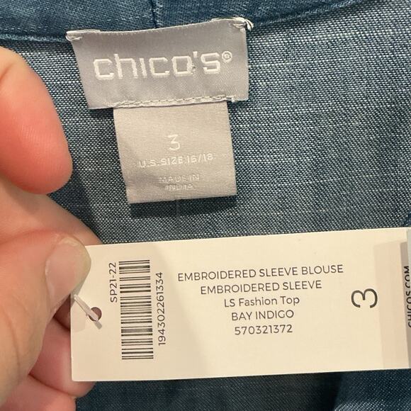Chico’s Embroidered Sleeve Blouse Tencel Size XL Chambray Denim Blue NEW - Picture 5 of 12